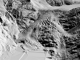 3D-Modell des Gauligletschers (BE) für die Jahre 2009 (oben) und 2010 (unten). Die Gletscheroberfläche hat innerhalb eines Jahres deutlich abgenommen. 