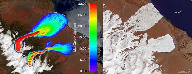 Die zwei Eislawinen in Tibet, rechts im Bild des Satelliten Sentinel-2 der ESA, links als Simulation mit RAMMS.