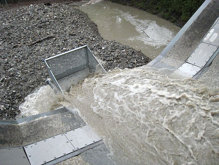 Die Metallkörbe fangen Sand, Steine und Geröll auf, die der Erlenbach bei Hochwasser mitführt. Bild: WSL