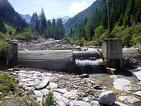 Die Kleinwasserkraft, die insgesamt nur 10% zur Gesamtstromproduktion aus Wasserkraft beiträgt, hat einen negativen Einfluss auf den Lebensraum vieler (Gebirgs-)Bäche. Wehr für ein Kleinwasserkraftwerk im Blinnenbach bei Reckingen (VS). (Foto: Eawag)