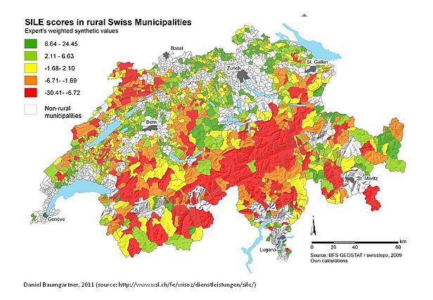 Die Karte zeigt die aktuelle Ausprägung von Entrepreneurship im ländlichen Raum der Schweiz. Quelle: Daniel Baumgartner/WSL